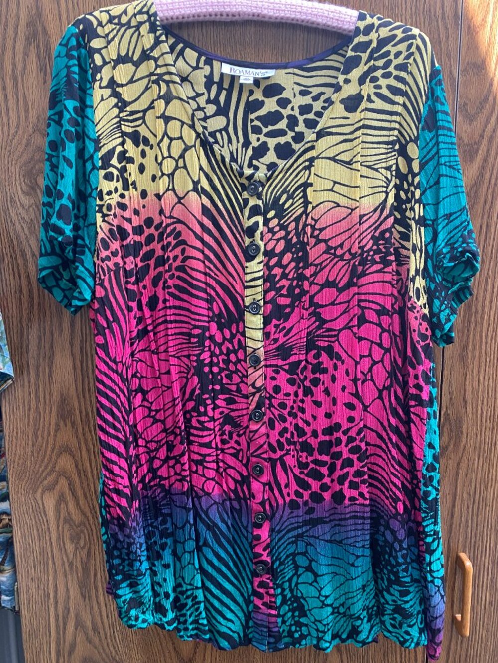 Roaman's Vibrant Neon Abstract Animal Print Button-Down Tunic / Blouse SIZE 18W